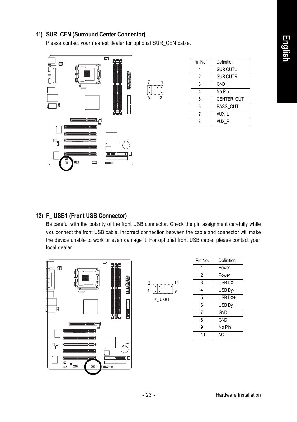 English, 12) f_ usb1 (front usb connector), 11) sur_cen (surround center connector) | GIGABYTE GA-8I845GE775-G User Manual | Page 23 / 72