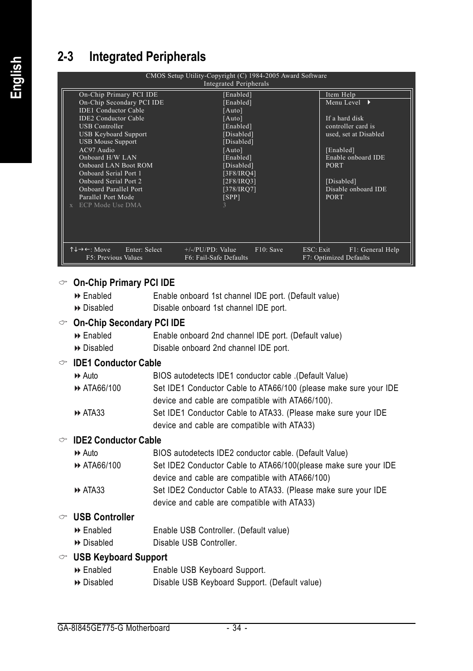 English, 3 integrated peripherals, On-chip primary pci ide | On-chip secondary pci ide, Ide1 conductor cable, Ide2 conductor cable, Usb controller, Usb keyboard support | GIGABYTE GA-8I845GE775-G User Manual | Page 34 / 72