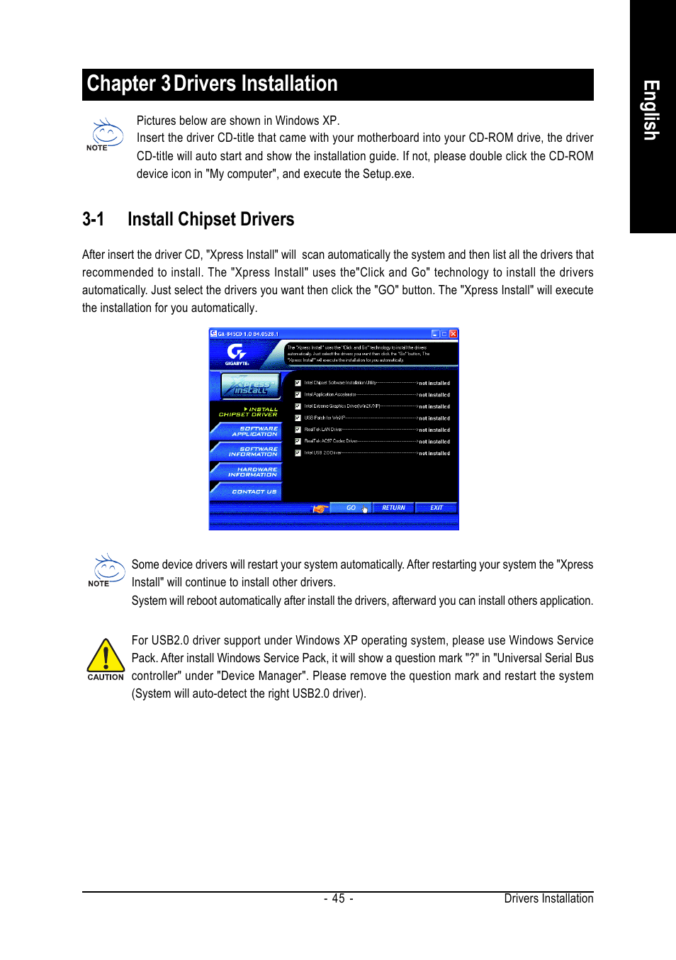 Chapter 3drivers installation, English, 1 install chipset drivers | GIGABYTE GA-8I845GE775-G User Manual | Page 45 / 72