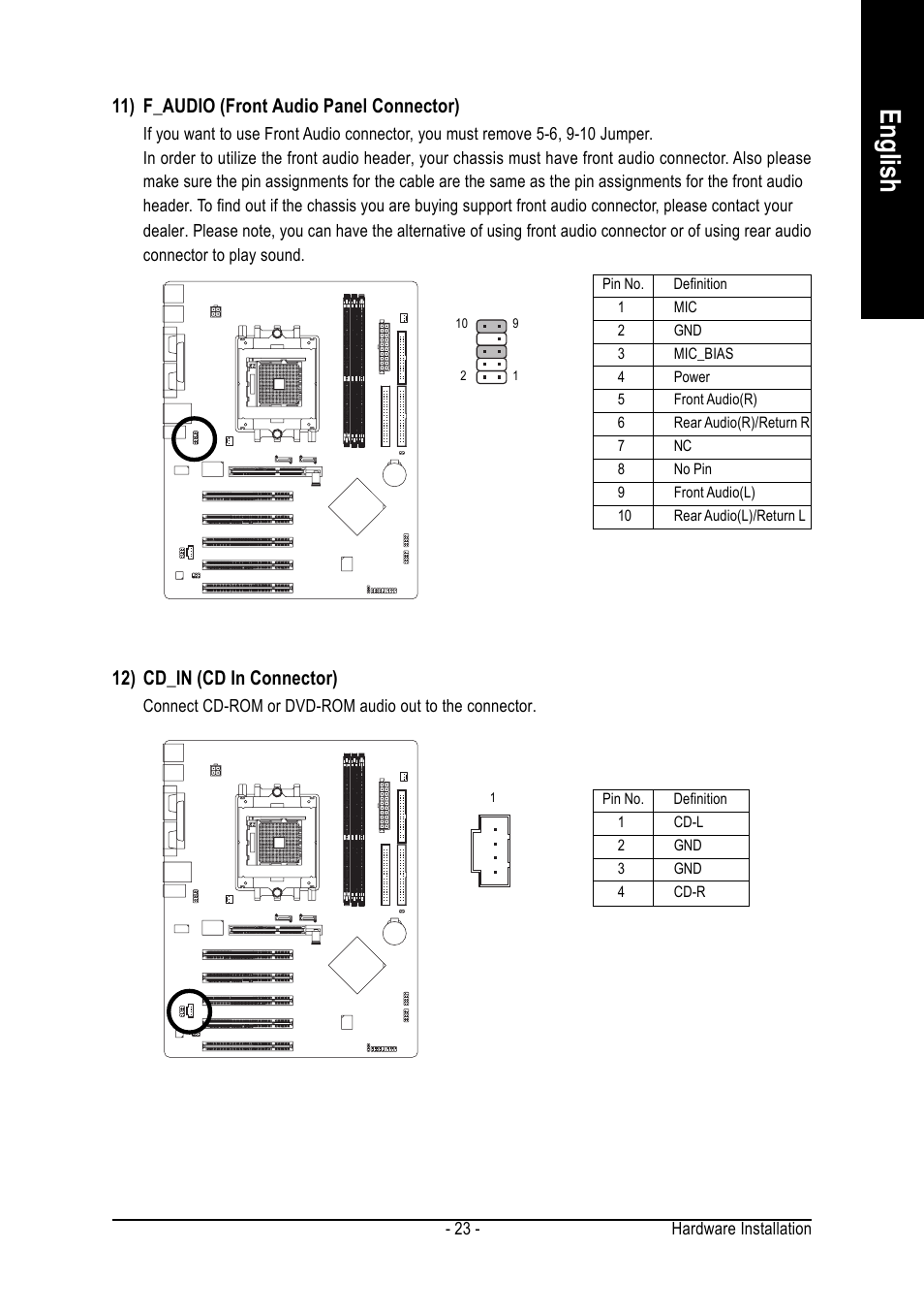 English, 11) f_audio (front audio panel connector), 12) cd_in (cd in connector) | GIGABYTE GA-K8NS User Manual | Page 23 / 80
