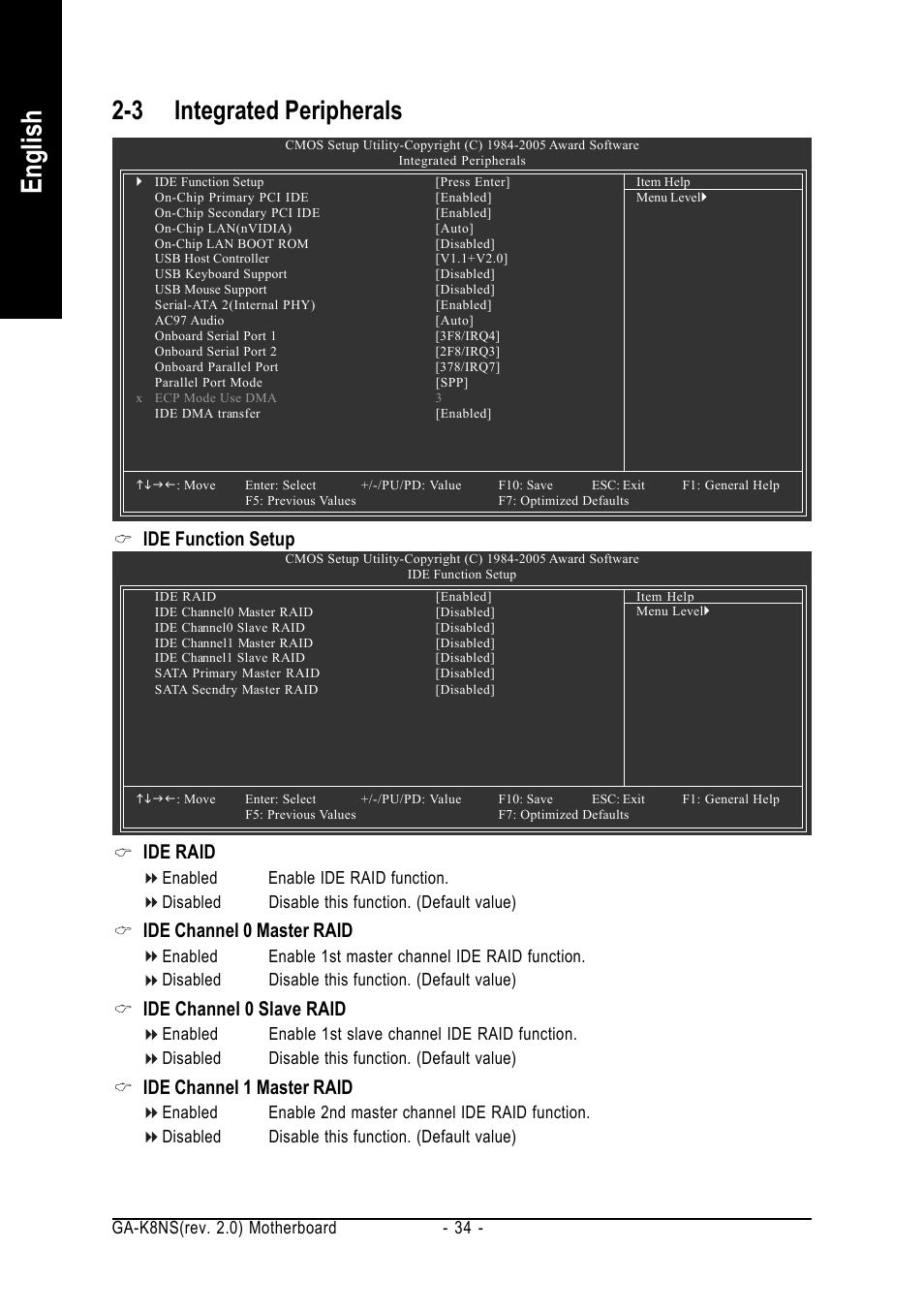 English, 3 integrated peripherals, Ide function setup | Ide raid, Ide channel 0 master raid, Ide channel 0 slave raid, Ide channel 1 master raid | GIGABYTE GA-K8NS User Manual | Page 34 / 80