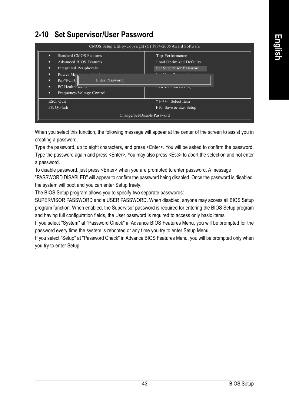 English, 10 set supervisor/user password | GIGABYTE GA-K8NS User Manual | Page 43 / 80