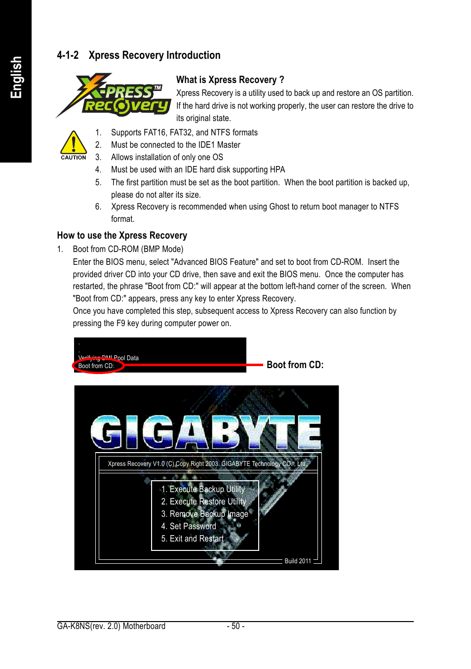 English, 1-2 xpress recovery introduction | GIGABYTE GA-K8NS User Manual | Page 50 / 80