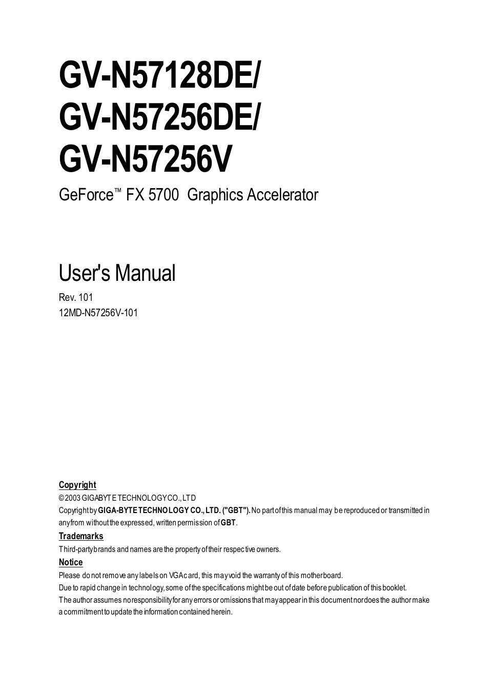 GIGABYTE GeForceTM FX 5700 Graphics Accelerator GV-N57256V User Manual | 39 pages