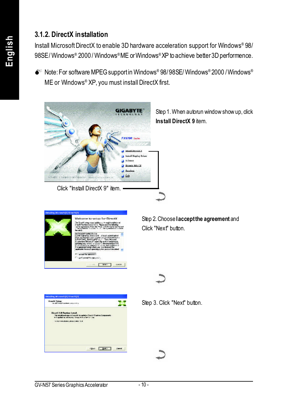 English, Directx installation | GIGABYTE GeForceTM FX 5700 Graphics Accelerator GV-N57256V User Manual | Page 10 / 39