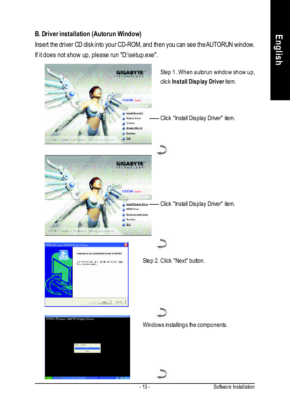 English | GIGABYTE GeForceTM FX 5700 Graphics Accelerator GV-N57256V User Manual | Page 13 / 39