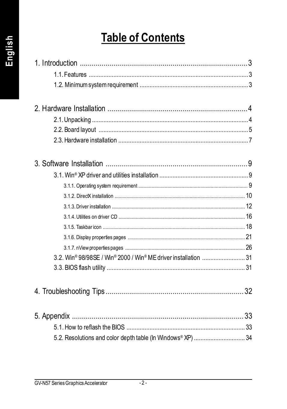 GIGABYTE GeForceTM FX 5700 Graphics Accelerator GV-N57256V User Manual | Page 2 / 39