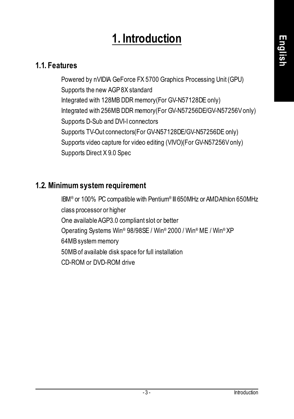 Introduction, English, Features | Minimum system requirement | GIGABYTE GeForceTM FX 5700 Graphics Accelerator GV-N57256V User Manual | Page 3 / 39