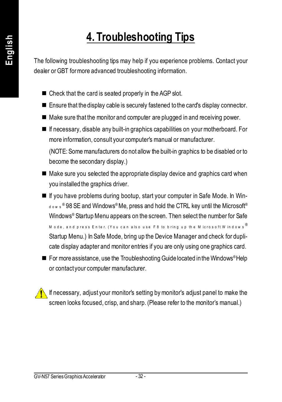 Troubleshooting tips, English | GIGABYTE GeForceTM FX 5700 Graphics Accelerator GV-N57256V User Manual | Page 32 / 39