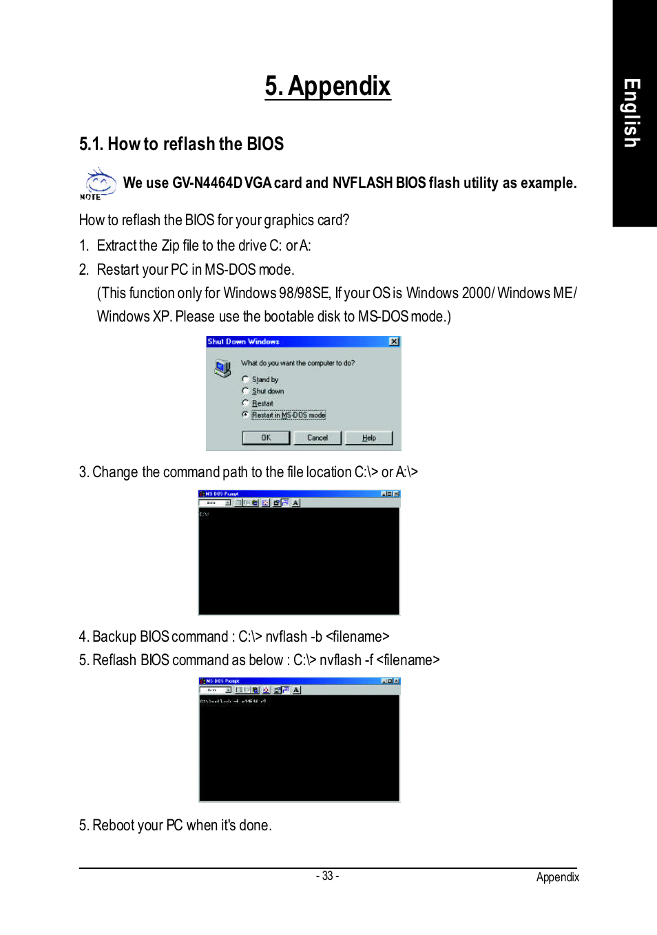 Appendix, English | GIGABYTE GeForceTM FX 5700 Graphics Accelerator GV-N57256V User Manual | Page 33 / 39