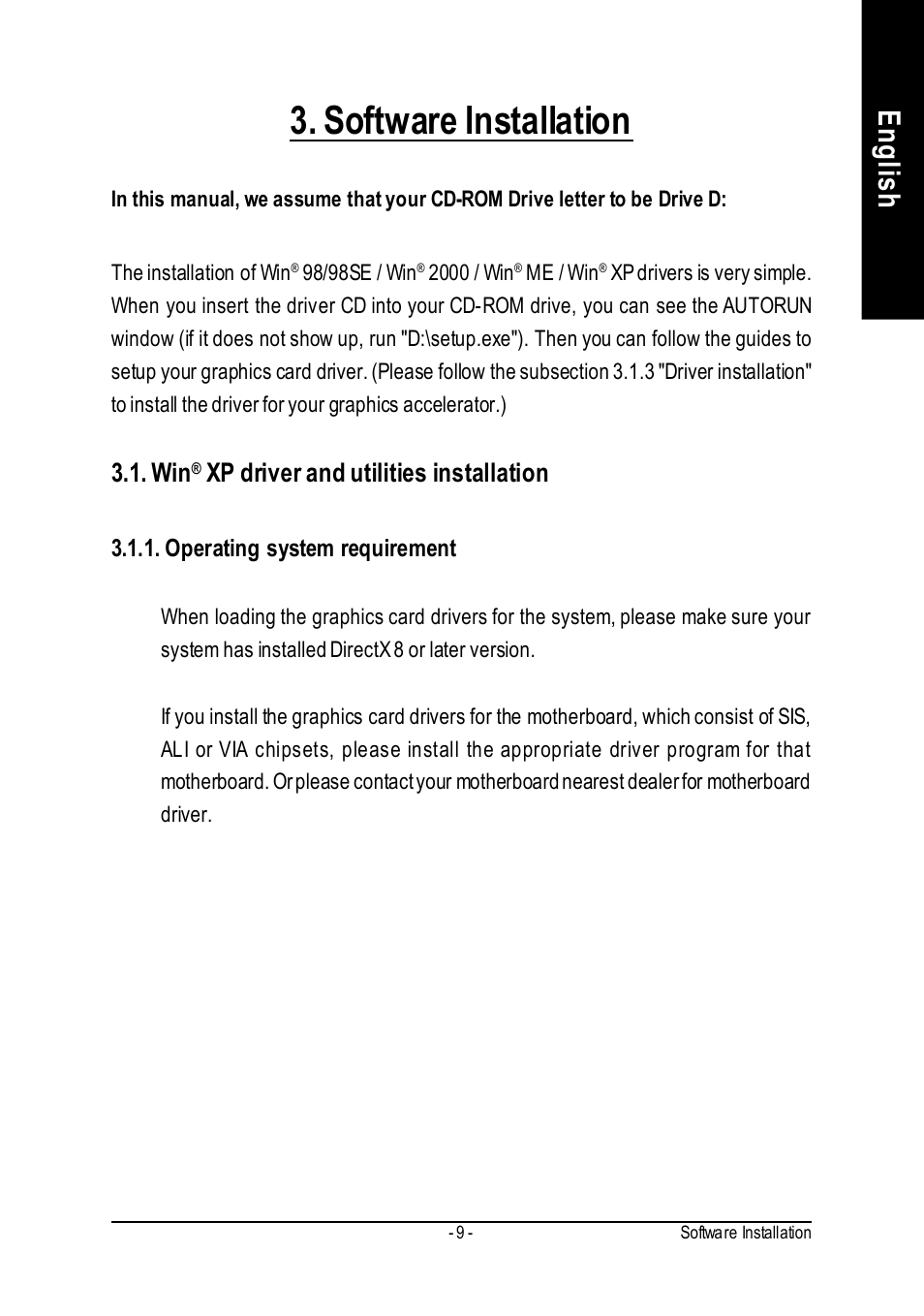 Software installation, English, Xp driver and utilities installation | GIGABYTE GeForceTM FX 5700 Graphics Accelerator GV-N57256V User Manual | Page 9 / 39