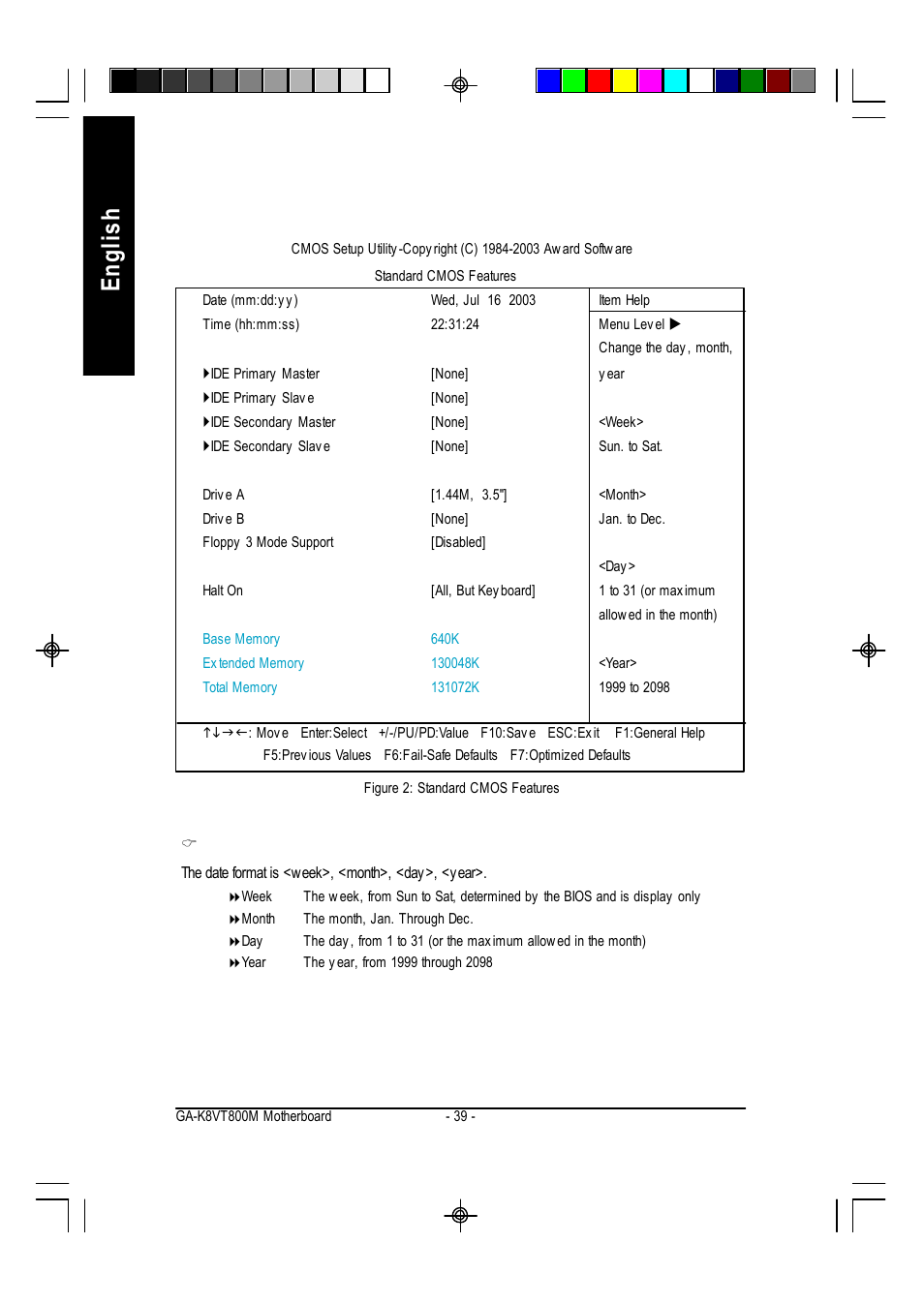 English standard cmos features | GIGABYTE AMD Socket 754 Processor Motherboard GA-K8VT800M User Manual | Page 39 / 96