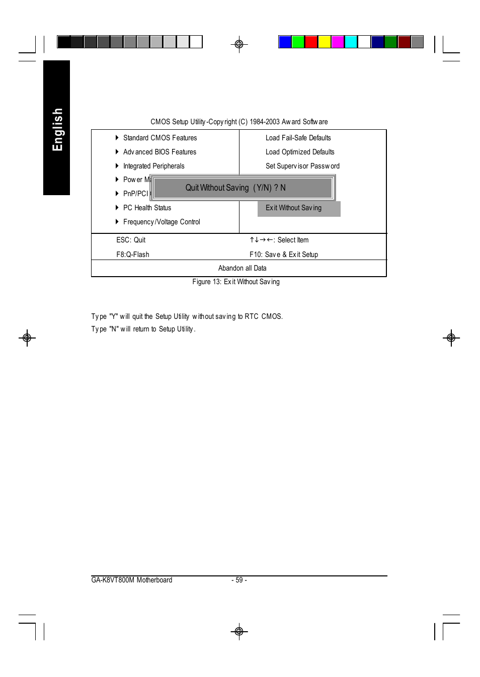 English, Exit without saving | GIGABYTE AMD Socket 754 Processor Motherboard GA-K8VT800M User Manual | Page 59 / 96
