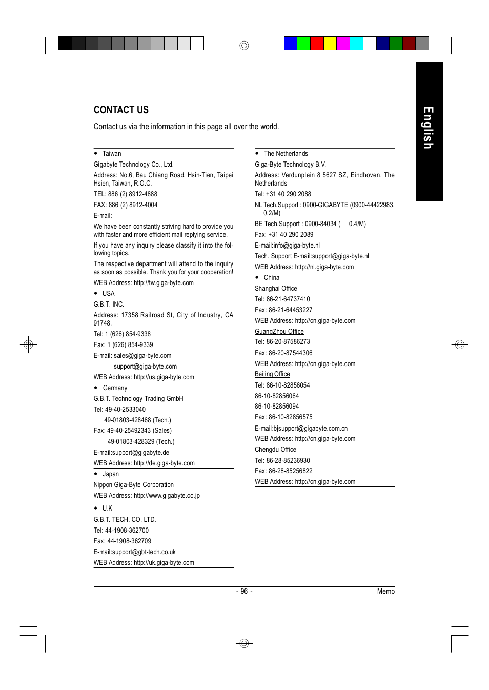 English, Contact us | GIGABYTE AMD Socket 754 Processor Motherboard GA-K8VT800M User Manual | Page 96 / 96