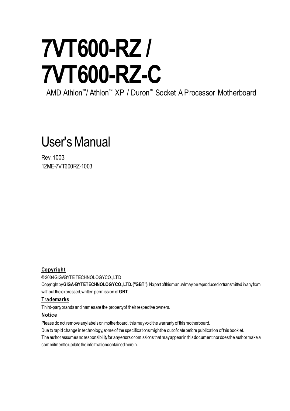 GIGABYTE 7VT600-RZ User Manual | 40 pages