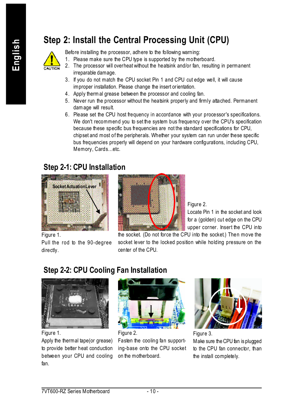 Step 2-1: cpu installation, Step 2-2: cpu cooling fan installation | GIGABYTE 7VT600-RZ User Manual | Page 10 / 40