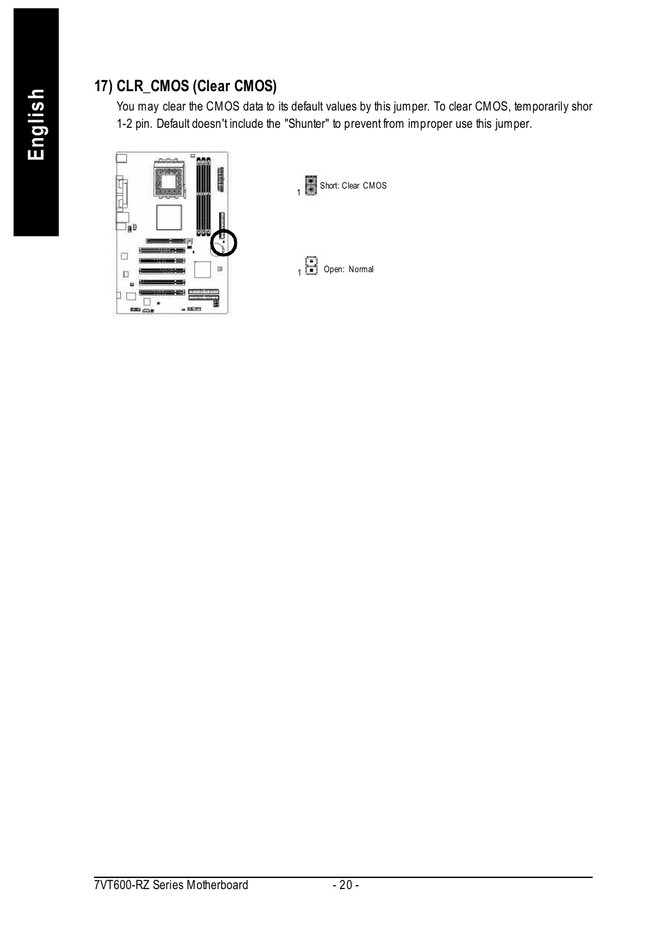 English, 17) clr_cmos (clear cmos) | GIGABYTE 7VT600-RZ User Manual | Page 20 / 40
