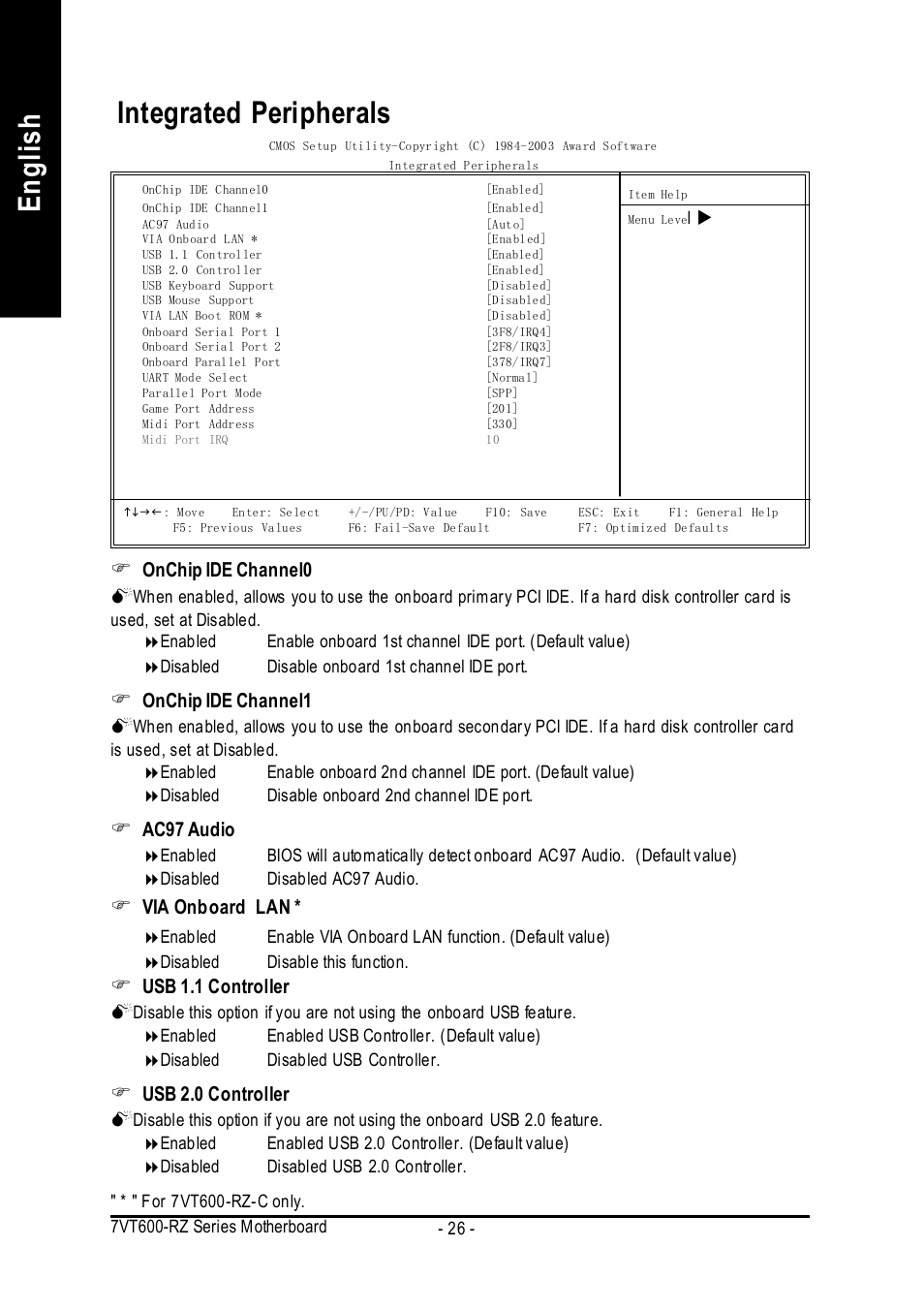 English integrated peripherals, Onchip ide channel0 m, Onchip ide channel1 m | Ac97 audio, Via onboard lan, Usb 1.1 controller m, Usb 2.0 controller m | GIGABYTE 7VT600-RZ User Manual | Page 26 / 40