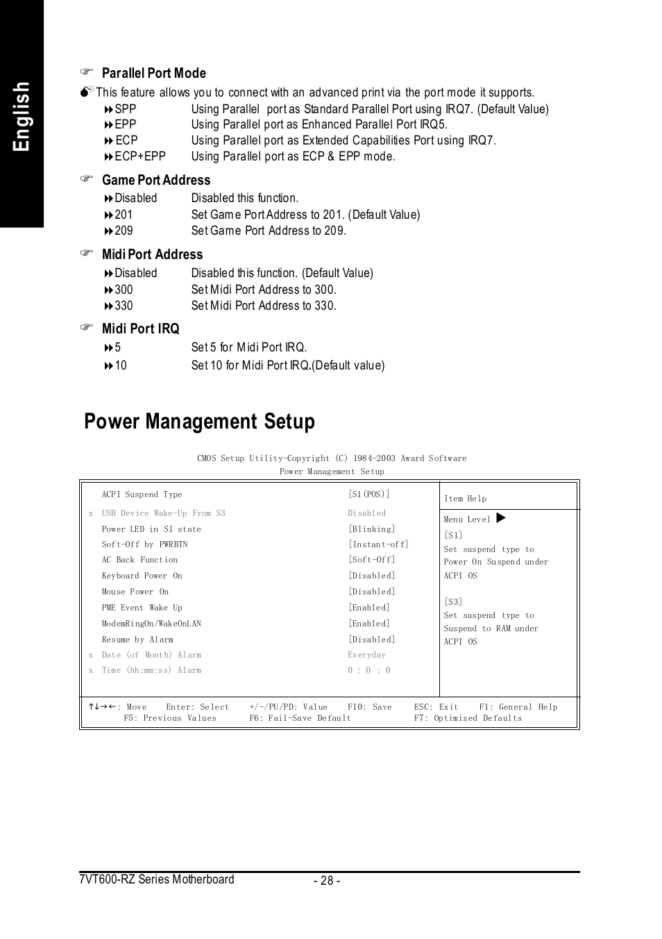 English, Power management setup, Parallel port mode m | Game port address, Midi port address, Midi port irq | GIGABYTE 7VT600-RZ User Manual | Page 28 / 40