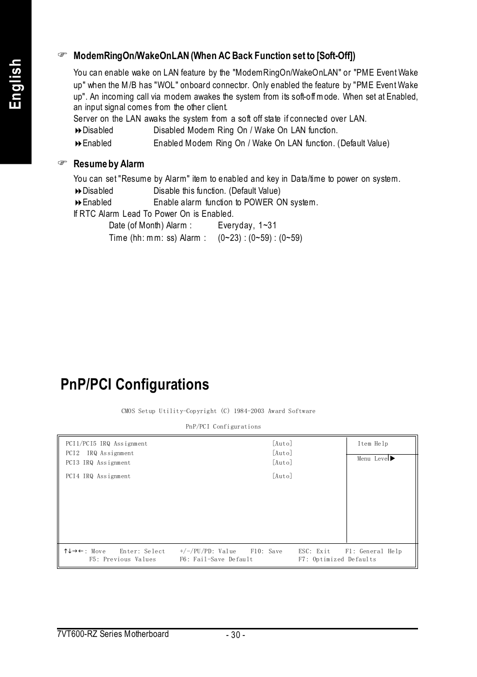 English, Pnp/pci configurations, Resume by alarm | GIGABYTE 7VT600-RZ User Manual | Page 30 / 40