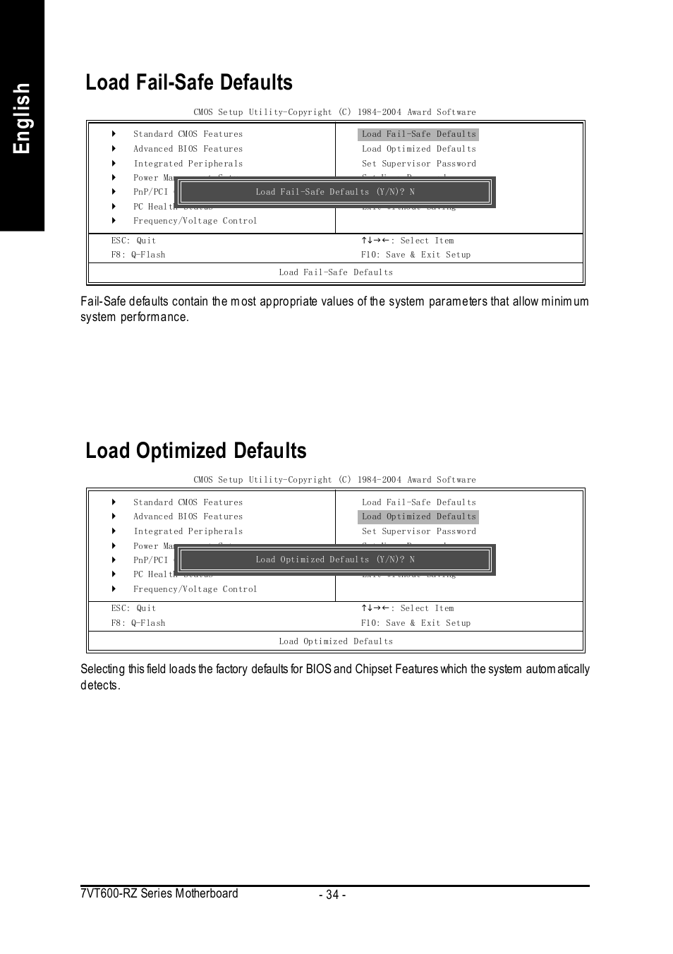 English load fail-safe defaults, Load optimized defaults | GIGABYTE 7VT600-RZ User Manual | Page 34 / 40
