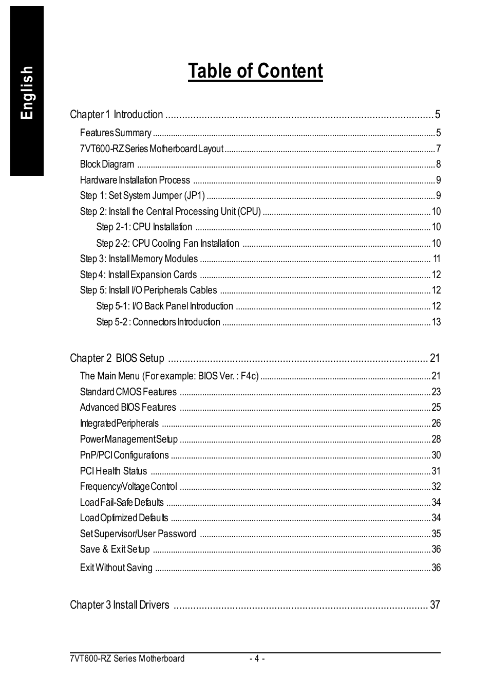 Table of content, English | GIGABYTE 7VT600-RZ User Manual | Page 4 / 40
