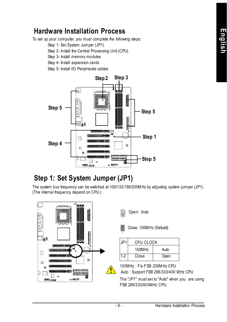 English hardware installation process, Step 1: set system jumper (jp1) | GIGABYTE 7VT600-RZ User Manual | Page 9 / 40