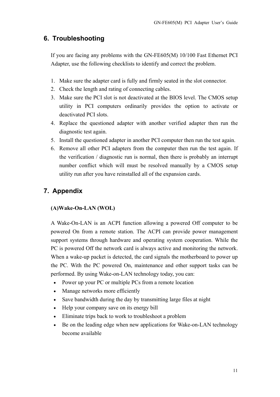 Troubleshooting, Appendix | GIGABYTE GN-FE605 User Manual | Page 13 / 62