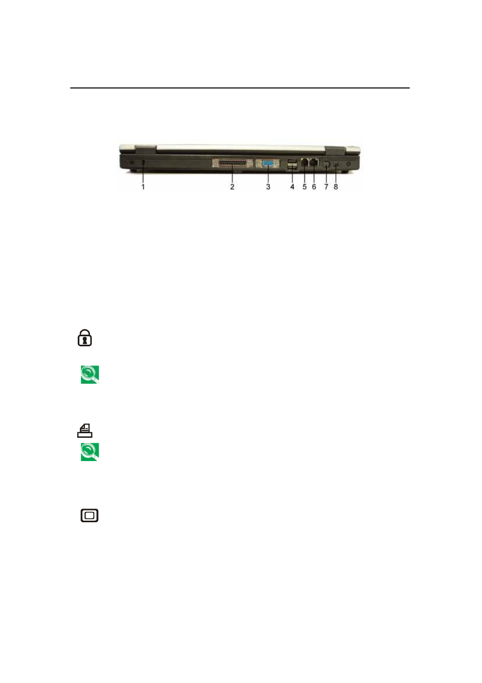 4 back, 1 security cable connector, 2 parallel port | 3 external monitor port | GIGABYTE G-MAX N501 User Manual | Page 22 / 86