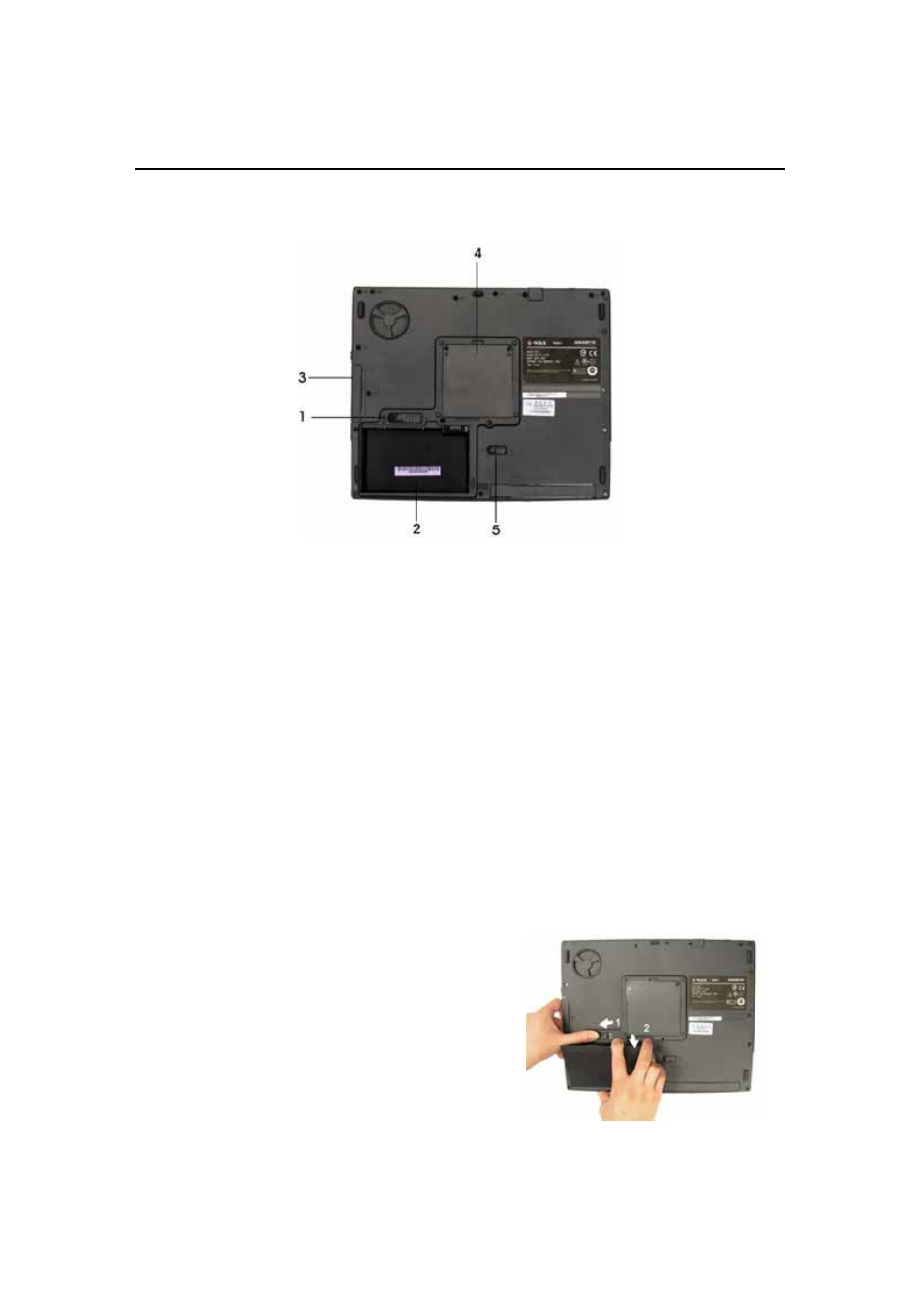 5 bottom, 1 battery release latch, 2 battery pack | GIGABYTE G-MAX N501 User Manual | Page 24 / 86