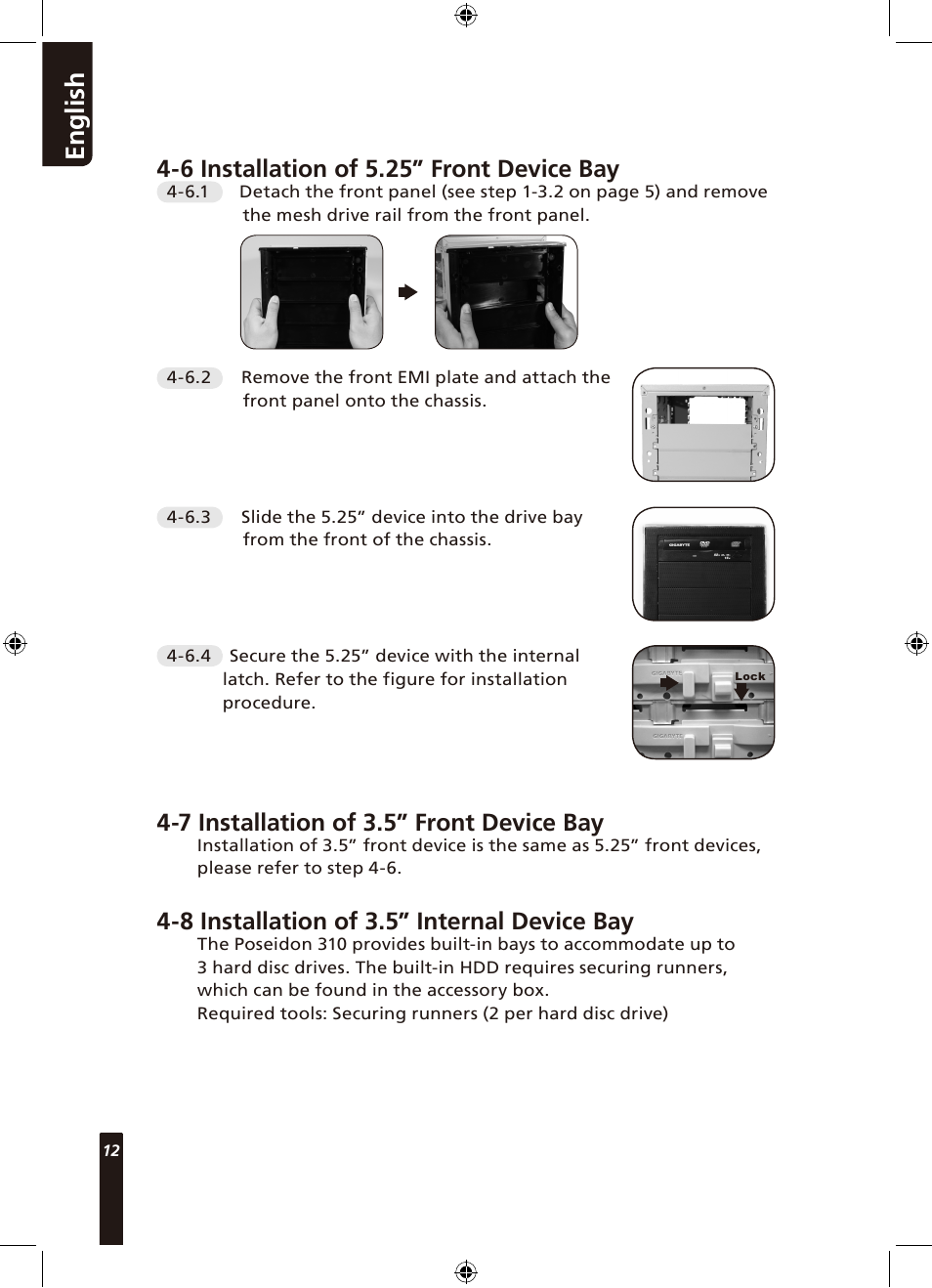 En g lis h, 6 installation of 5.25” front device bay, 7 installation of 3.5” front device bay | 8 installation of 3.5” internal device bay | GIGABYTE Poseidon 310 User Manual | Page 12 / 14