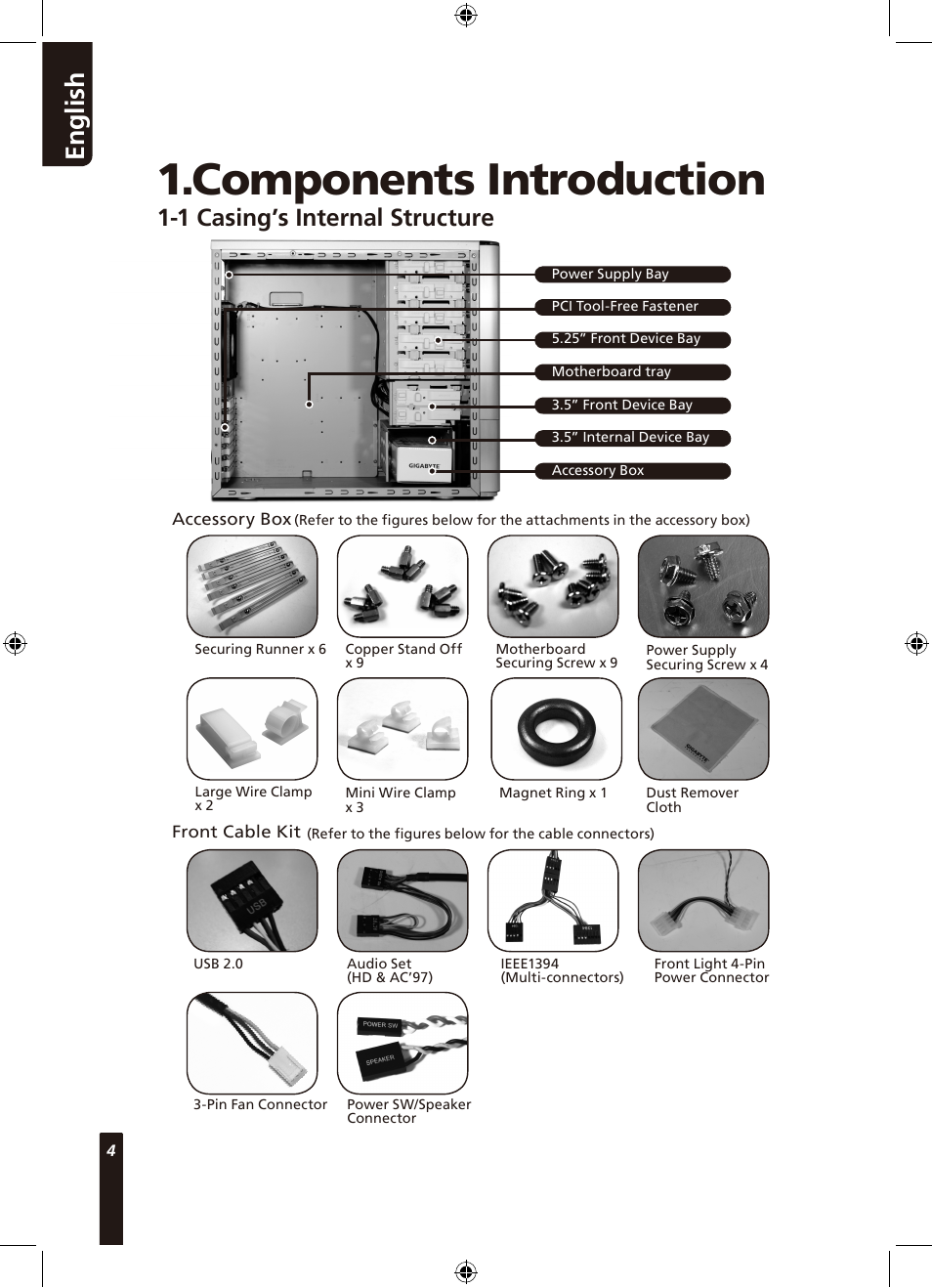 Components introduction, En g lis h, 1 casing’s internal structure | GIGABYTE Poseidon 310 User Manual | Page 4 / 14