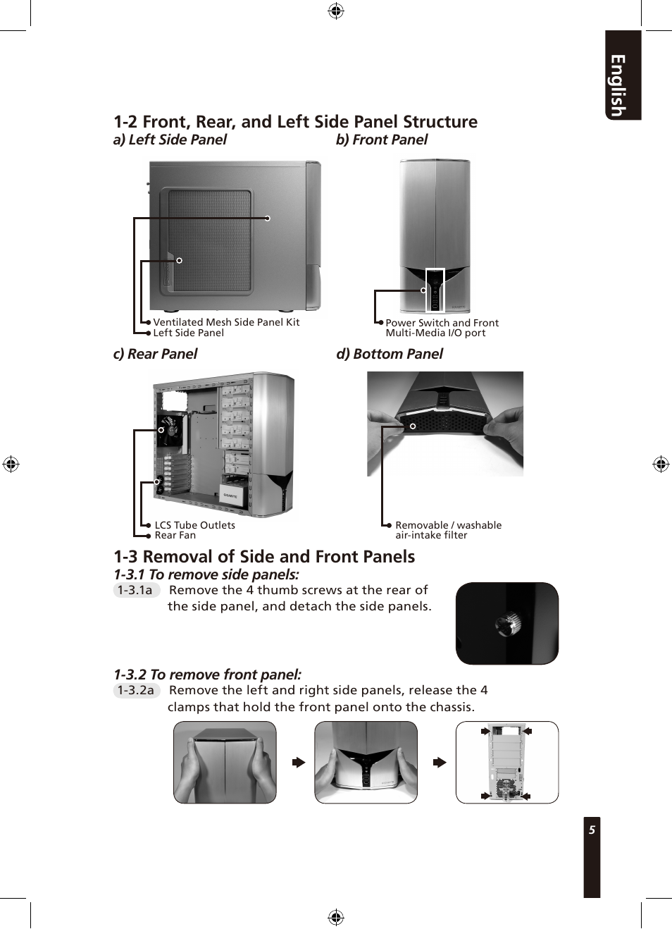 En g lis h, 2 front, rear, and left side panel structure, 3 removal of side and front panels | GIGABYTE Poseidon 310 User Manual | Page 5 / 14