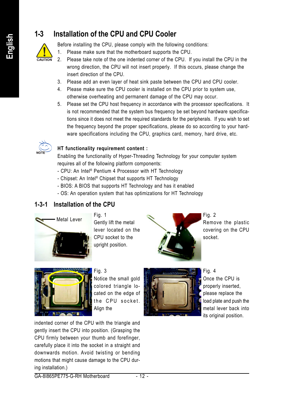 English, 3 installation of the cpu and cpu cooler | GIGABYTE GA-8I865PE775-G-RH User Manual | Page 12 / 72