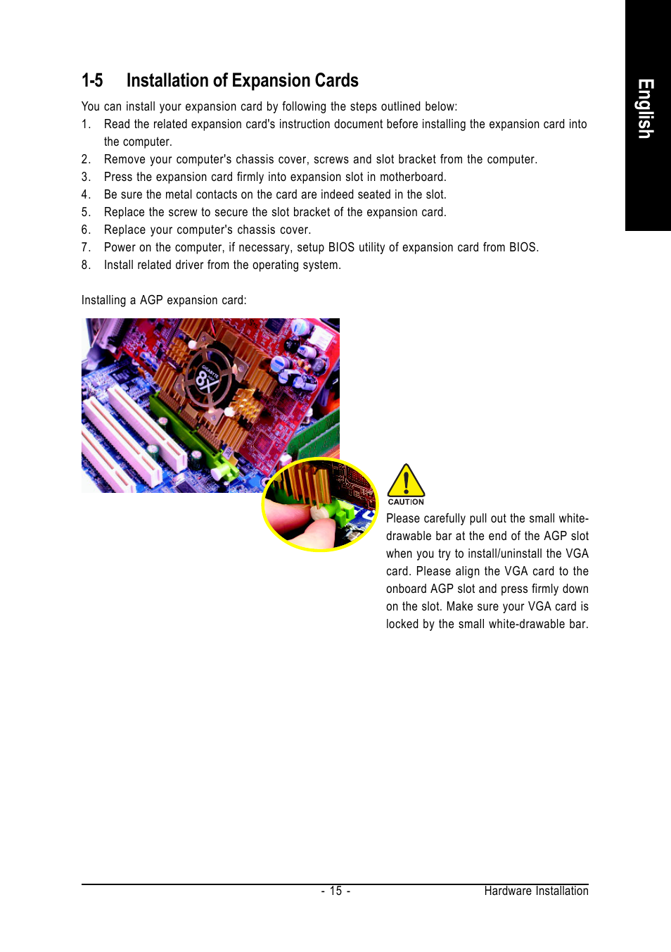 English, 5 installation of expansion cards | GIGABYTE GA-8I865PE775-G-RH User Manual | Page 15 / 72