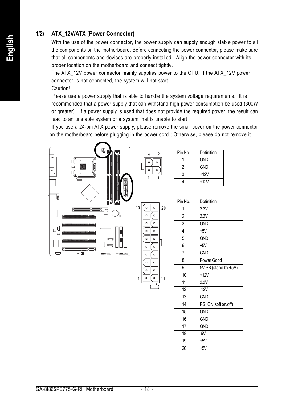 English, 1/2) atx_12v/atx (power connector) | GIGABYTE GA-8I865PE775-G-RH User Manual | Page 18 / 72