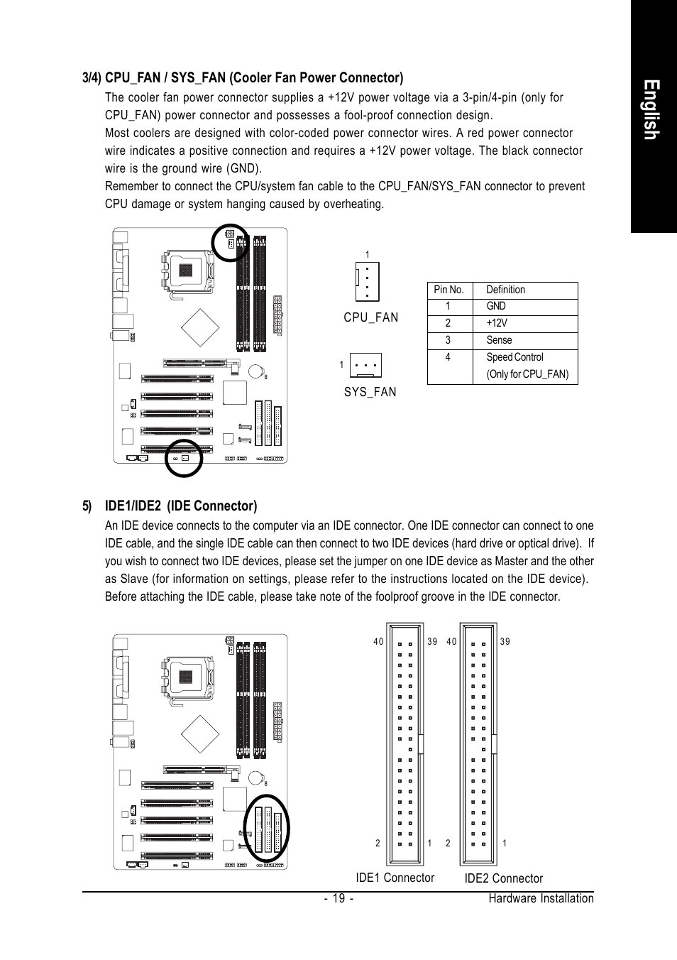 English, 5) ide1/ide2 (ide connector) | GIGABYTE GA-8I865PE775-G-RH User Manual | Page 19 / 72