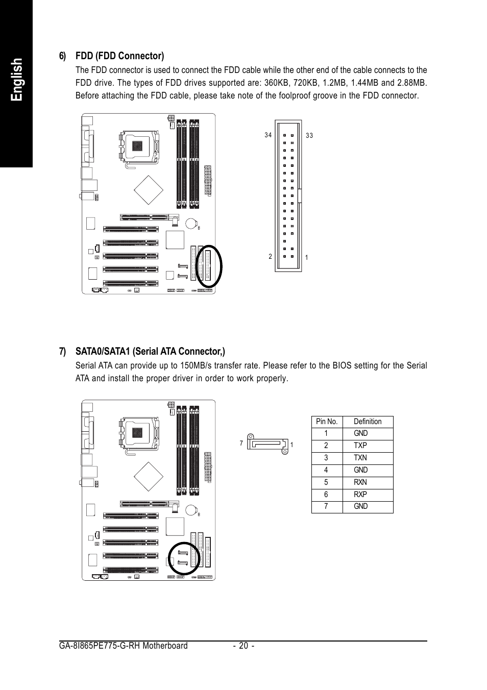 English, 6) fdd (fdd connector), 7) sata0/sata1 (serial ata connector,) | GIGABYTE GA-8I865PE775-G-RH User Manual | Page 20 / 72