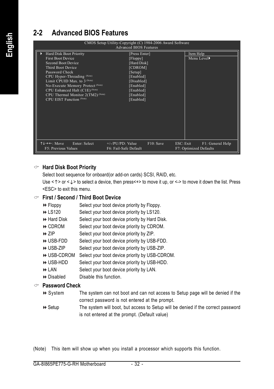 English, 2 advanced bios features, Hard disk boot priority | First / second / third boot device, Password check | GIGABYTE GA-8I865PE775-G-RH User Manual | Page 32 / 72