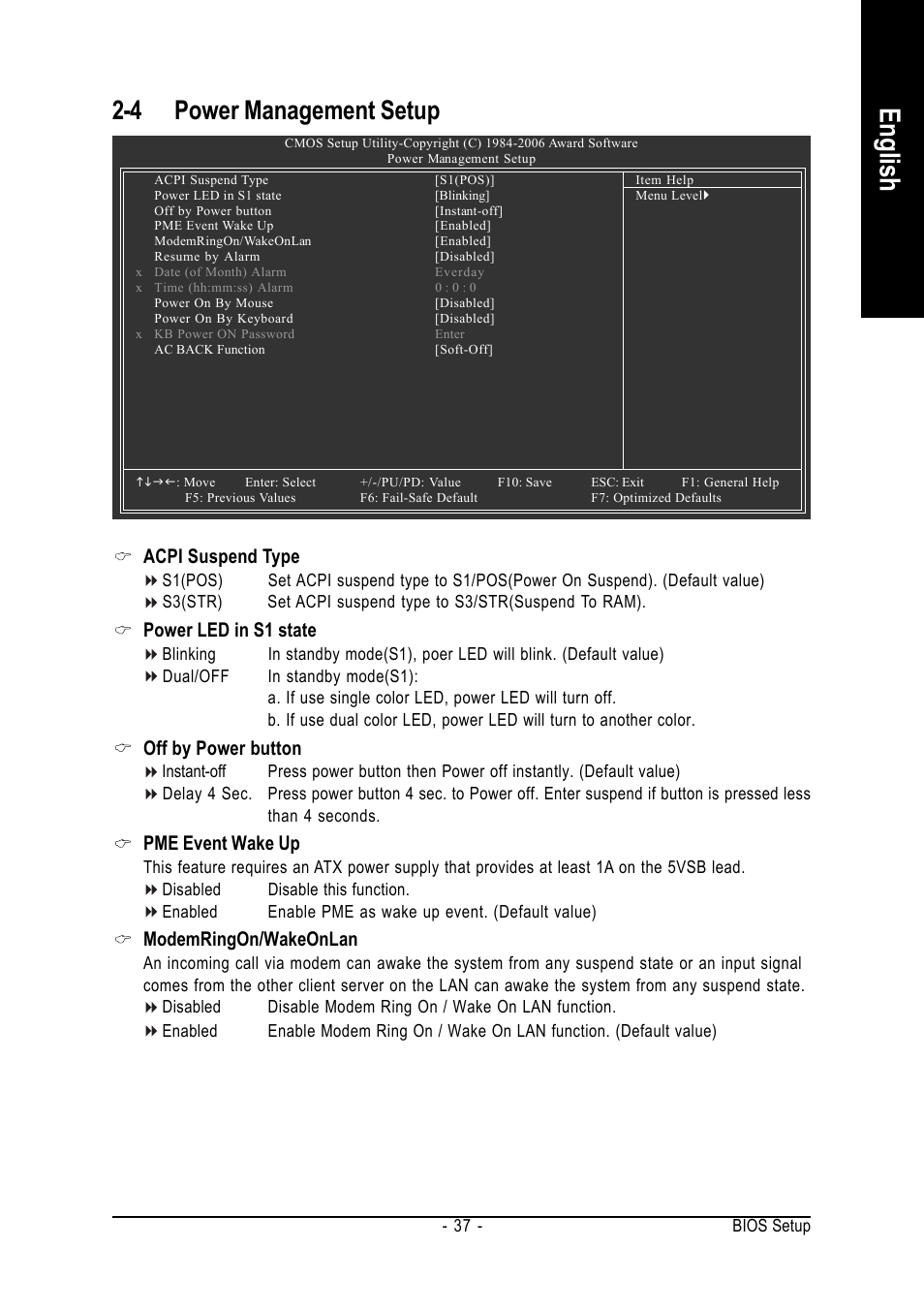 English, 4 power management setup, Acpi suspend type | Power led in s1 state, Off by power button, Pme event wake up, Modemringon/wakeonlan | GIGABYTE GA-8I865PE775-G-RH User Manual | Page 37 / 72