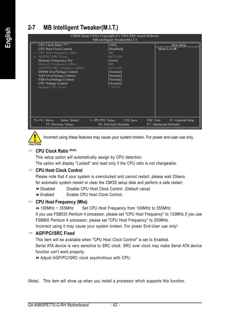 English, 7 mb intelligent tweaker(m.i.t.), Cpu clock ratio | Cpu host clock control, Cpu host frequency (mhz), Agp/pci/src fixed | GIGABYTE GA-8I865PE775-G-RH User Manual | Page 42 / 72