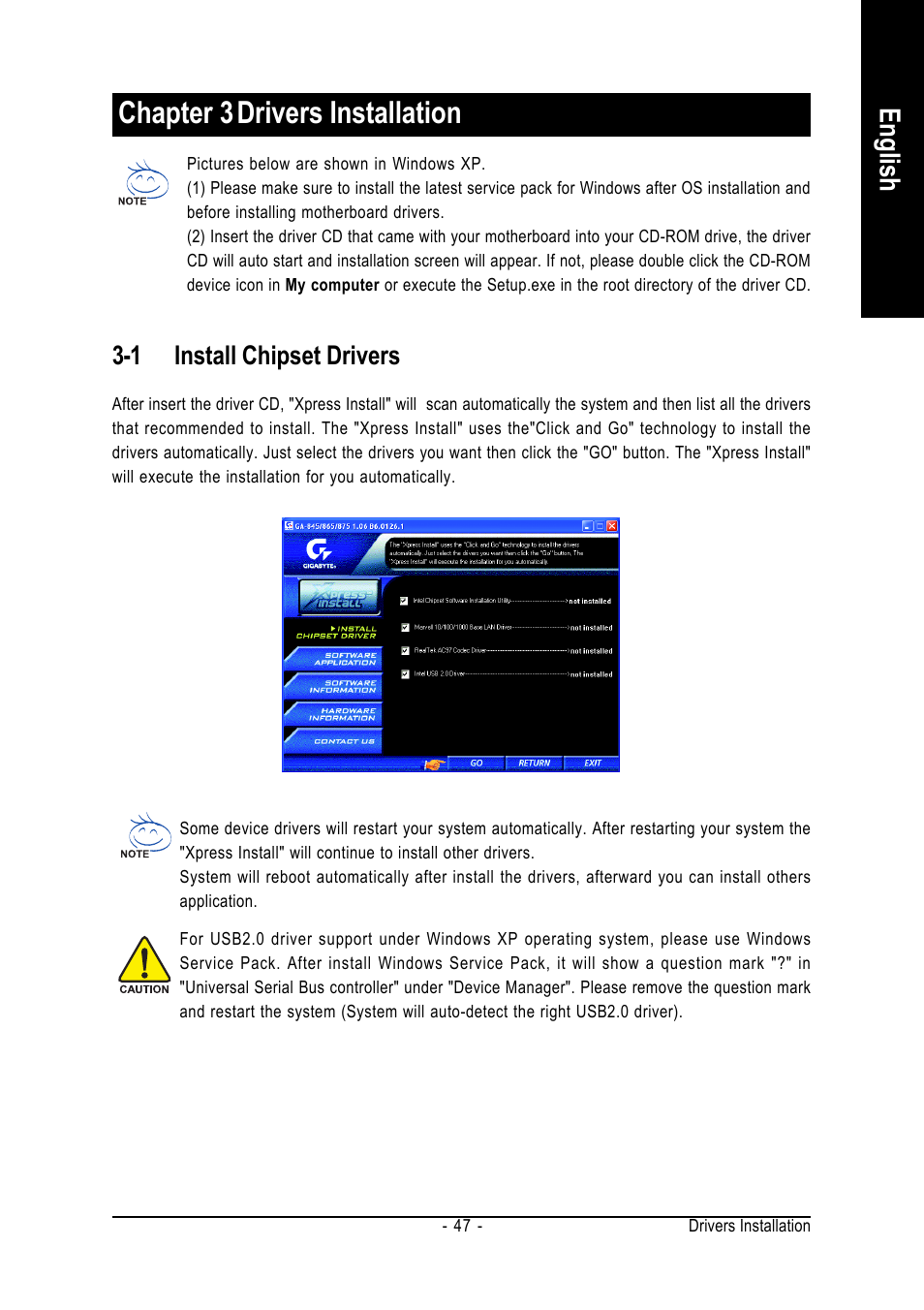 Chapter 3drivers installation, English, 1 install chipset drivers | GIGABYTE GA-8I865PE775-G-RH User Manual | Page 47 / 72