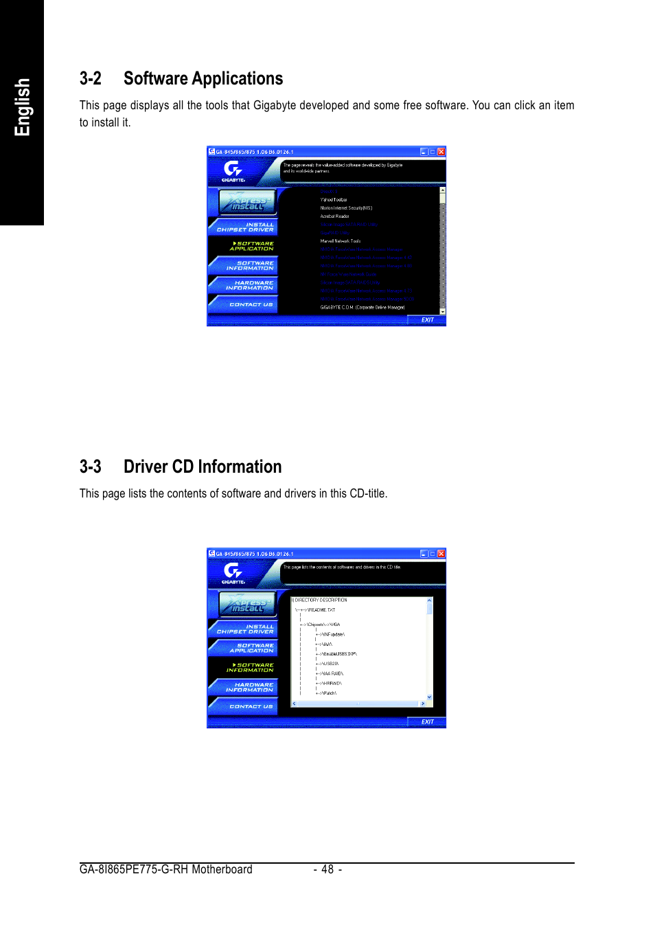 English, 2 software applications, 3 driver cd information | GIGABYTE GA-8I865PE775-G-RH User Manual | Page 48 / 72