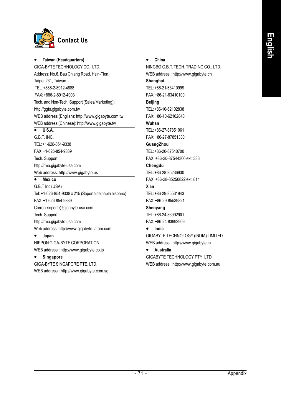 English, Contact us | GIGABYTE GA-8I865PE775-G-RH User Manual | Page 71 / 72