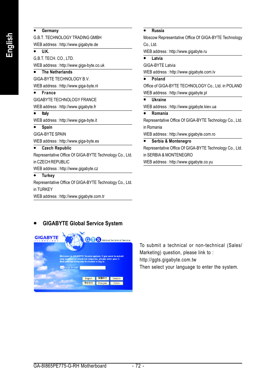 English, Yyy y y gigabyte global service system | GIGABYTE GA-8I865PE775-G-RH User Manual | Page 72 / 72