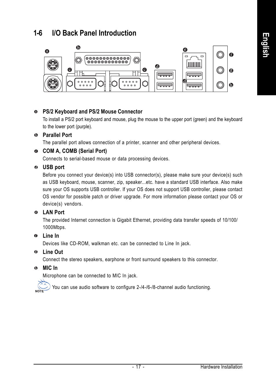 English, 6 i/o back panel introduction | GIGABYTE AMD Socket 939 Processor Motherboard GA-K8VT890-9 User Manual | Page 17 / 80