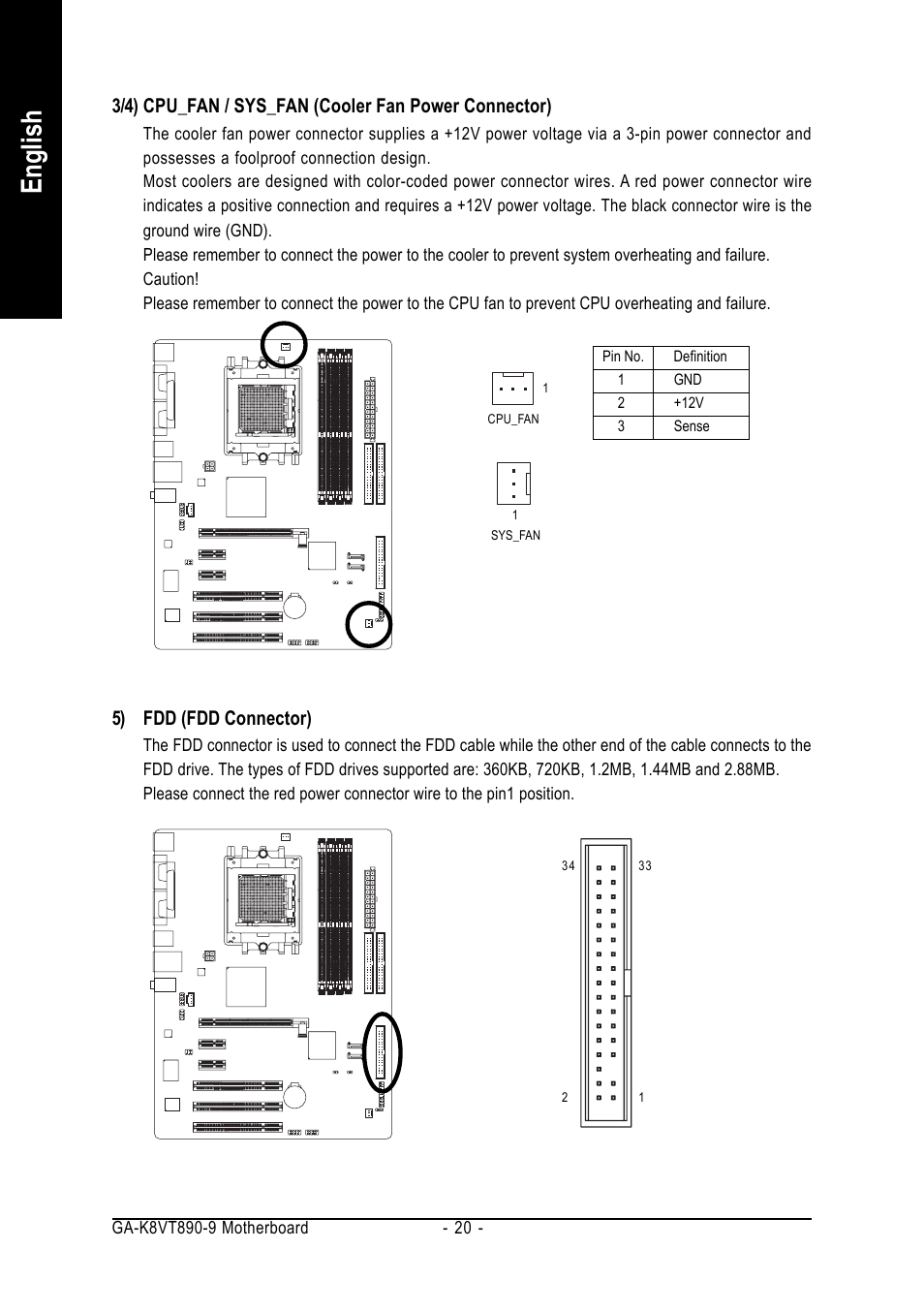 English, 5) fdd (fdd connector) | GIGABYTE AMD Socket 939 Processor Motherboard GA-K8VT890-9 User Manual | Page 20 / 80