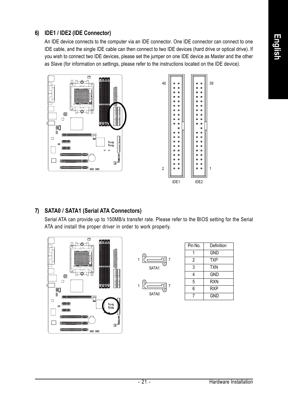 English, 6) ide1 / ide2 (ide connector), 7) sata0 / sata1 (serial ata connectors) | GIGABYTE AMD Socket 939 Processor Motherboard GA-K8VT890-9 User Manual | Page 21 / 80