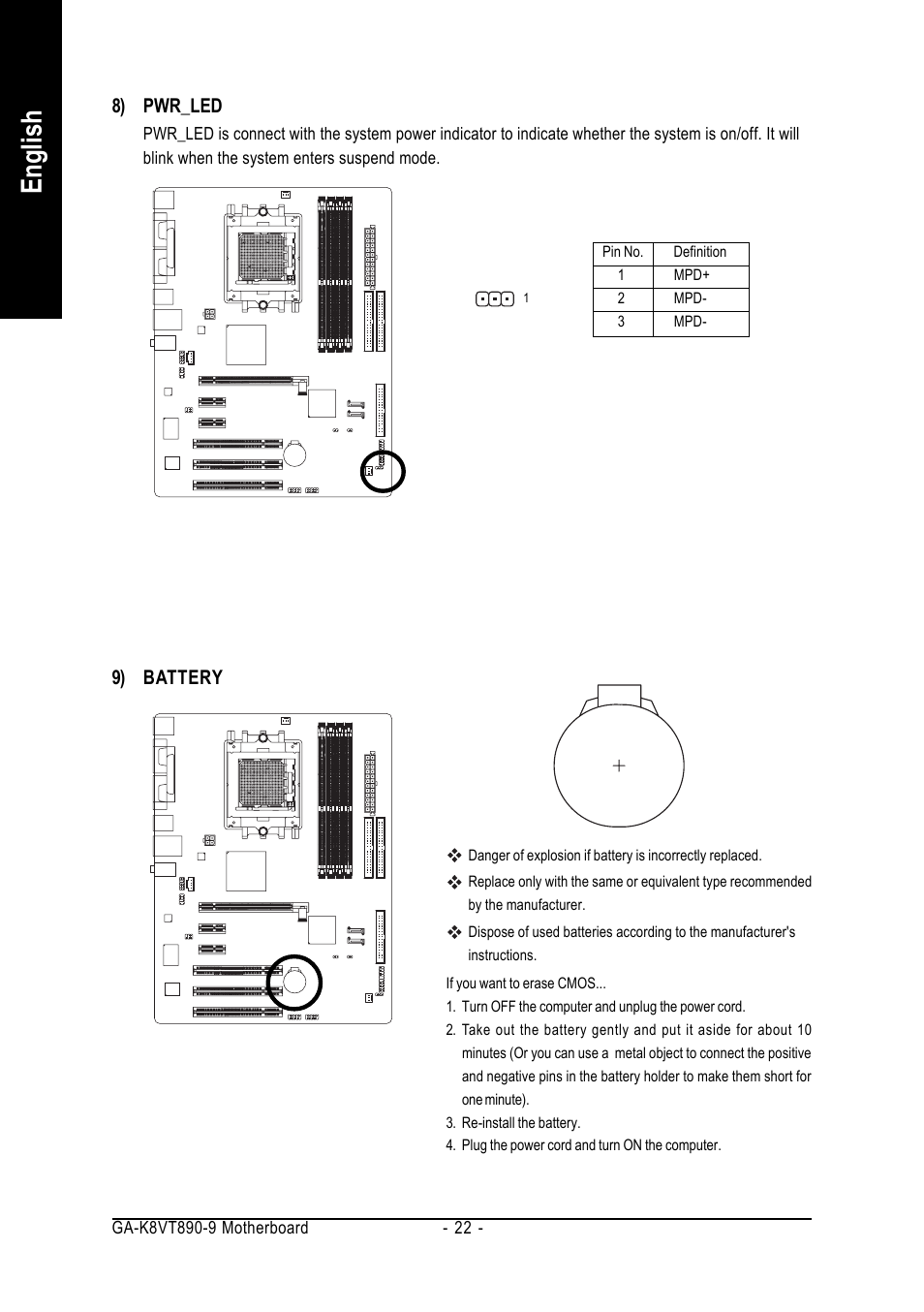 English, 8) pwr_led, 9) battery | GIGABYTE AMD Socket 939 Processor Motherboard GA-K8VT890-9 User Manual | Page 22 / 80