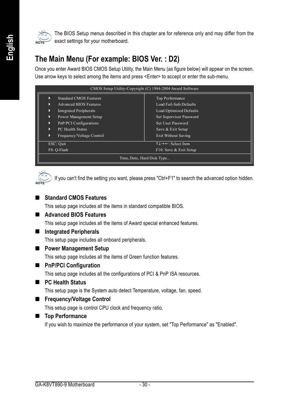 English, The main menu (for example: bios ver. : d2) | GIGABYTE AMD Socket 939 Processor Motherboard GA-K8VT890-9 User Manual | Page 30 / 80